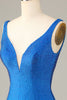 Załaduj obraz do przeglądarki galerii, Pochwa Deep V Neck Blue Krótka sukienka Homecoming z frezowaniem