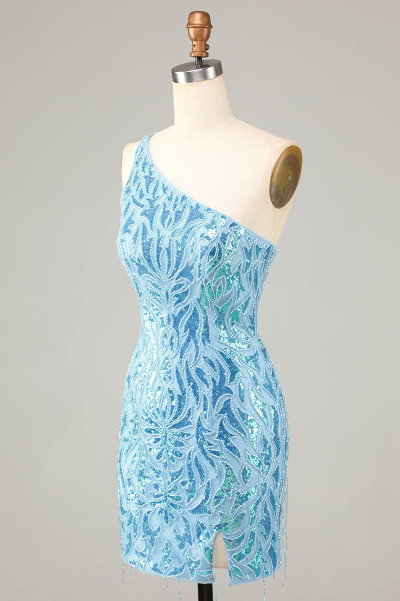 Załaduj obraz do przeglądarki galerii, Pochwa One Shoulder Blue Sequins Krótka sukienka Homecoming z frędzlami