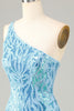 Załaduj obraz do przeglądarki galerii, Pochwa One Shoulder Blue Sequins Krótka sukienka Homecoming z frędzlami