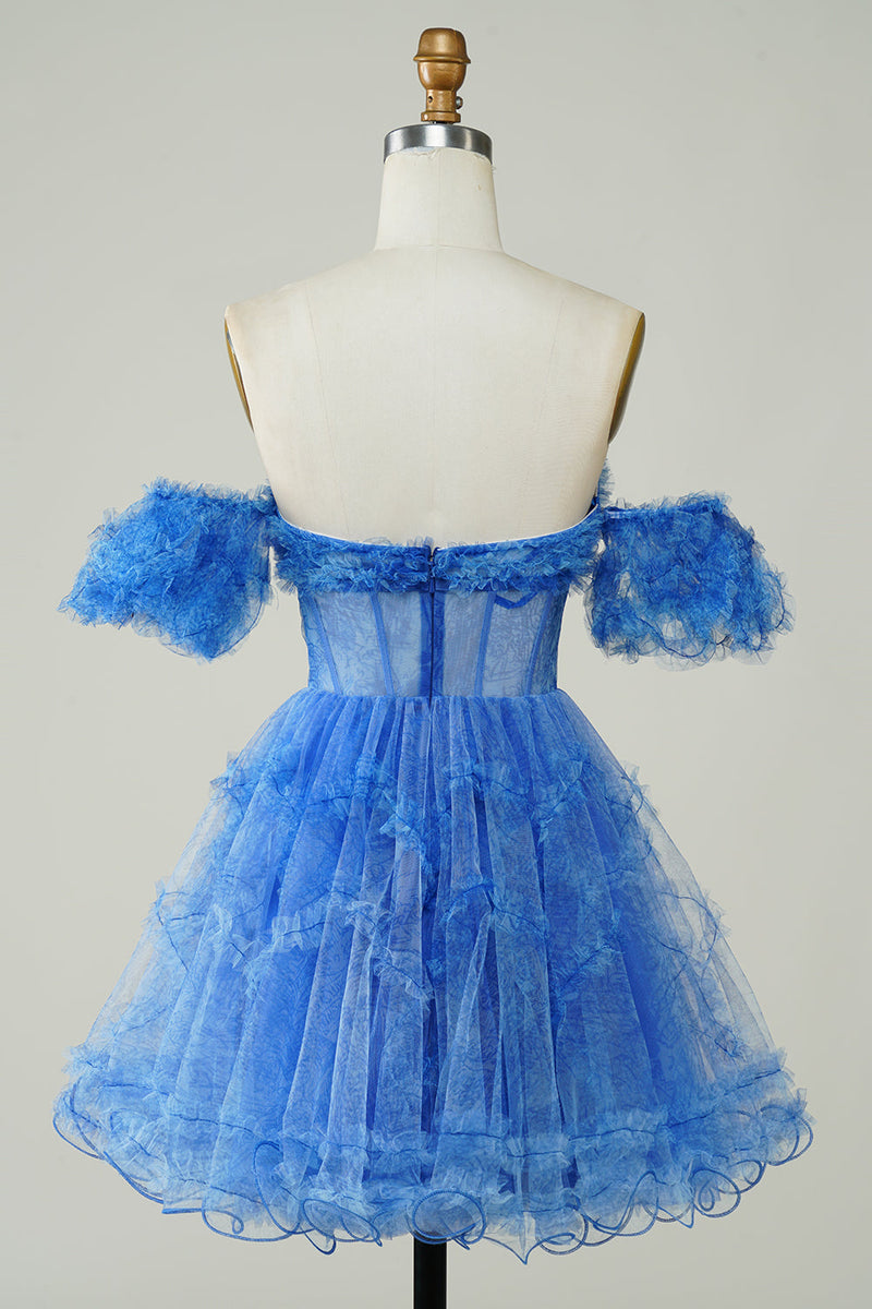 Załaduj obraz do przeglądarki galerii, Niebieskie drukowane odpinane rękawy marszczona krótka sukienka Homecoming
