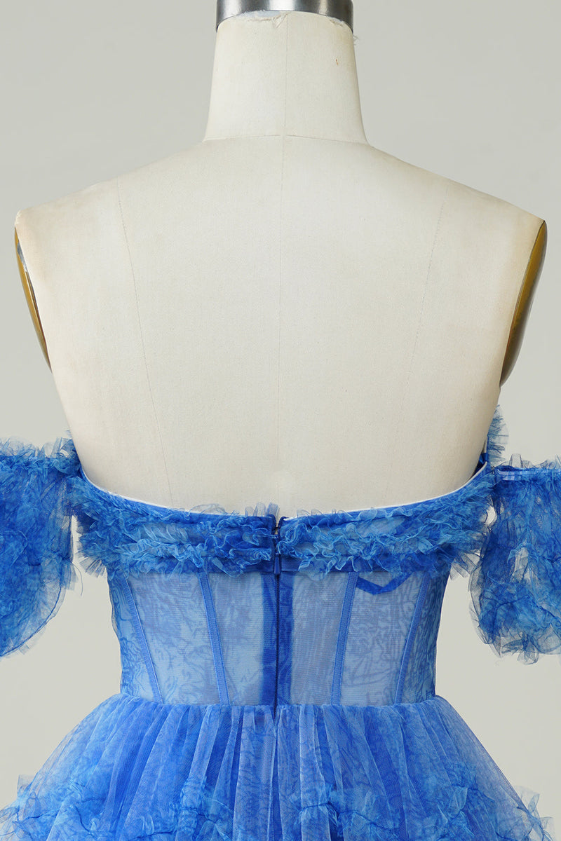 Załaduj obraz do przeglądarki galerii, Niebieskie drukowane odpinane rękawy marszczona krótka sukienka Homecoming