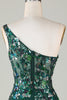 Załaduj obraz do przeglądarki galerii, Bodycon One Shoulder Ciemnozielone Cekiny Krótka sukienka Homecoming z piórkiem