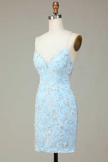 Błyszczące niebieskie cekiny Koraliki Kwiaty Obcisła krótka sukienka Homecoming