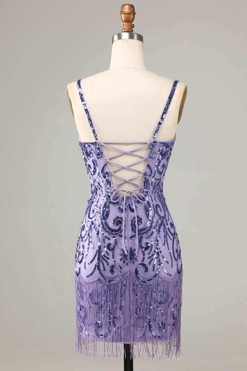 Załaduj obraz do przeglądarki galerii, Błyszczące fioletowe cekiny Spaghetti Straps Krótka sukienka Homecoming z frędzlami