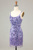 Załaduj obraz do przeglądarki galerii, Błyszczące fioletowe cekiny Spaghetti Straps Krótka sukienka Homecoming z frędzlami