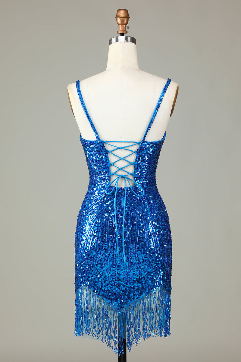 Załaduj obraz do przeglądarki galerii, Płaszcz Ramiączka Spaghetti Paw Niebieski Cekiny Sukienka Lata 20 Wielki Gatsby