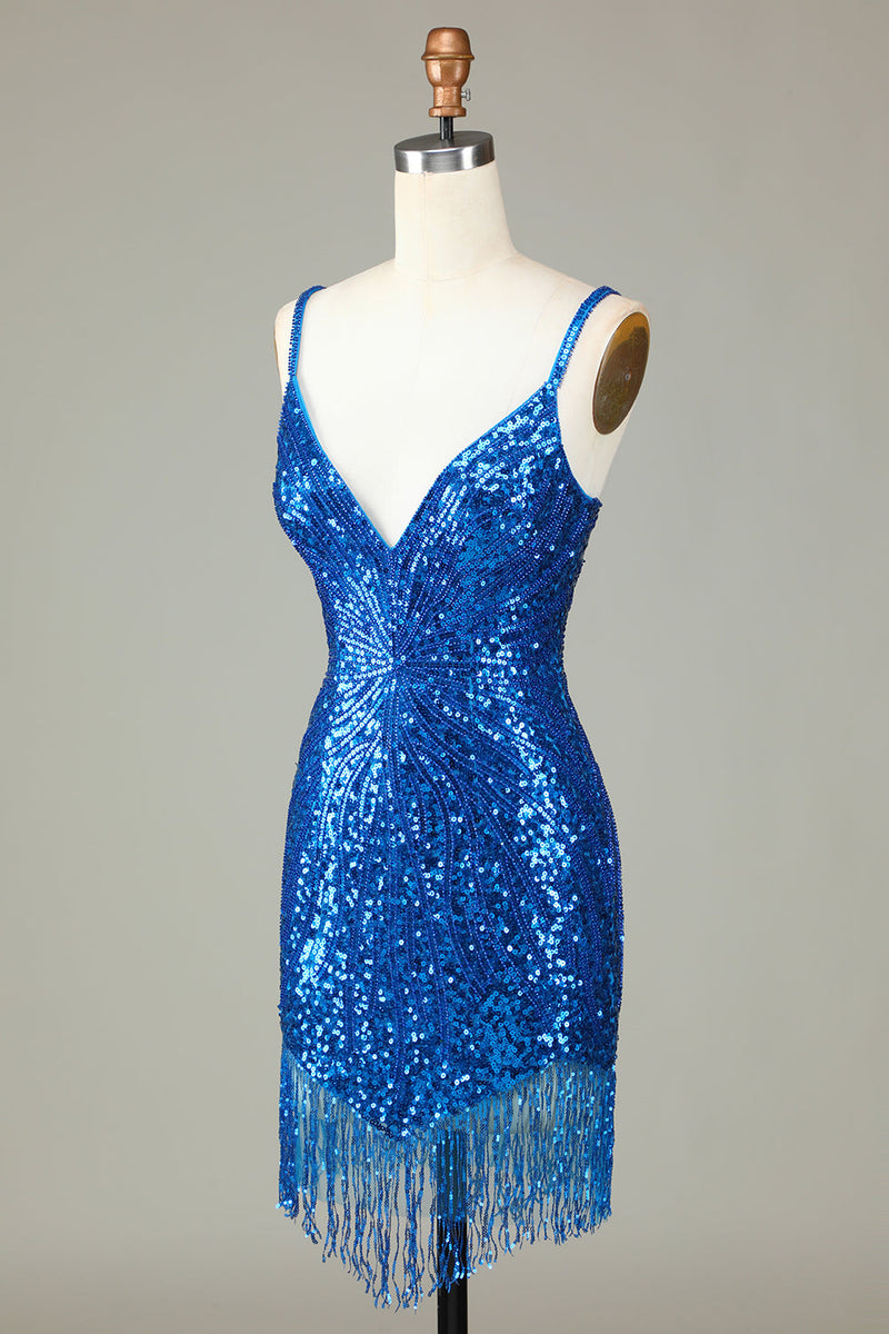 Załaduj obraz do przeglądarki galerii, Płaszcz Ramiączka Spaghetti Paw Niebieski Cekiny Sukienka Lata 20 Wielki Gatsby