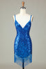 Załaduj obraz do przeglądarki galerii, Błyszczące ramiączka Bodycon Spaghetti Niebieskie sznurowane plecy Krótka sukienka Homecoming z koralikami