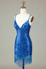 Załaduj obraz do przeglądarki galerii, Błyszczące ramiączka Bodycon Spaghetti Niebieskie sznurowane plecy Krótka sukienka Homecoming z koralikami