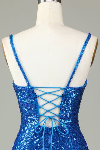 Błyszczące ramiączka Bodycon Spaghetti Niebieskie sznurowane plecy Krótka sukienka Homecoming z koralikami