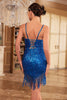Załaduj obraz do przeglądarki galerii, Cienkich Ramiączkach Niebieskie Cekiny Sukienka Z Frędzlami Lata 20