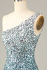 Załaduj obraz do przeglądarki galerii, Błyszczące Ramiączka Bodycon Na Jedno Ramię Niebieskie cekiny Krótka Sukienki Koktajlowe z frędzlami