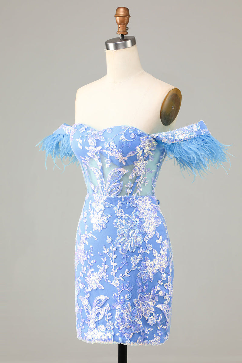 Załaduj obraz do przeglądarki galerii, Wspaniała pochwa z ramienia niebieska krótka sukienka z piórkiem