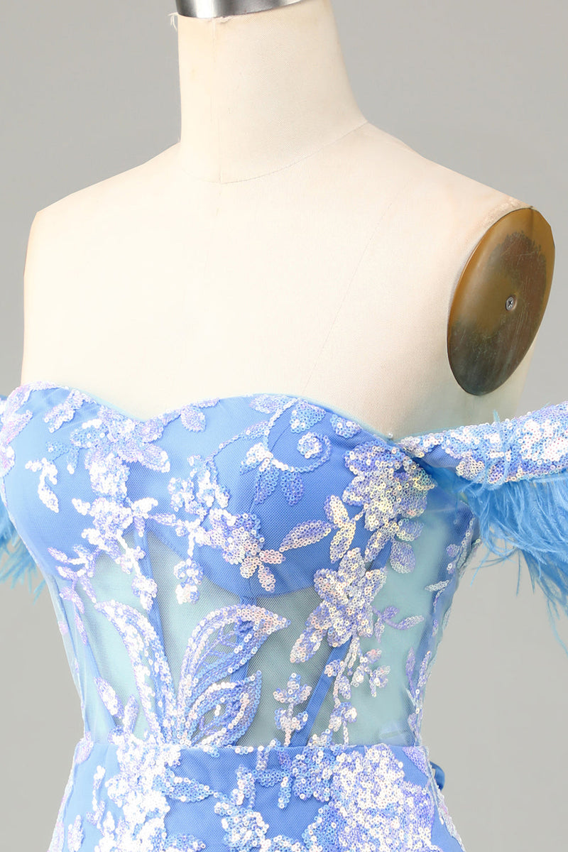 Załaduj obraz do przeglądarki galerii, Wspaniała pochwa z ramienia niebieska krótka sukienka z piórkiem