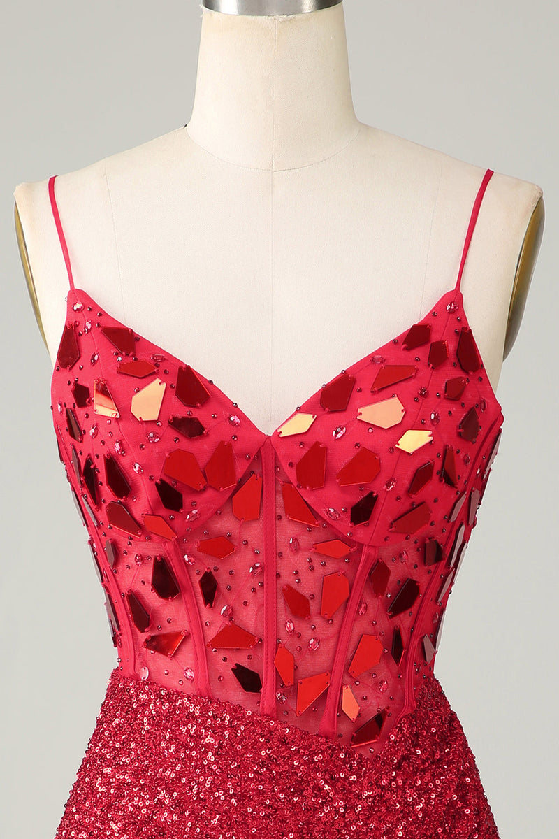 Załaduj obraz do przeglądarki galerii, Błyszczący czerwony gorset cekinowy lustro obcisła sukienka Homecoming