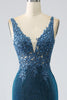 Załaduj obraz do przeglądarki galerii, Błyszcząca Ciemnoniebieska Sukienka Syrenka Na Studniówkę Z Koralikami