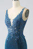 Załaduj obraz do przeglądarki galerii, Błyszcząca Ciemnoniebieska Sukienka Syrenka Na Studniówkę Z Koralikami