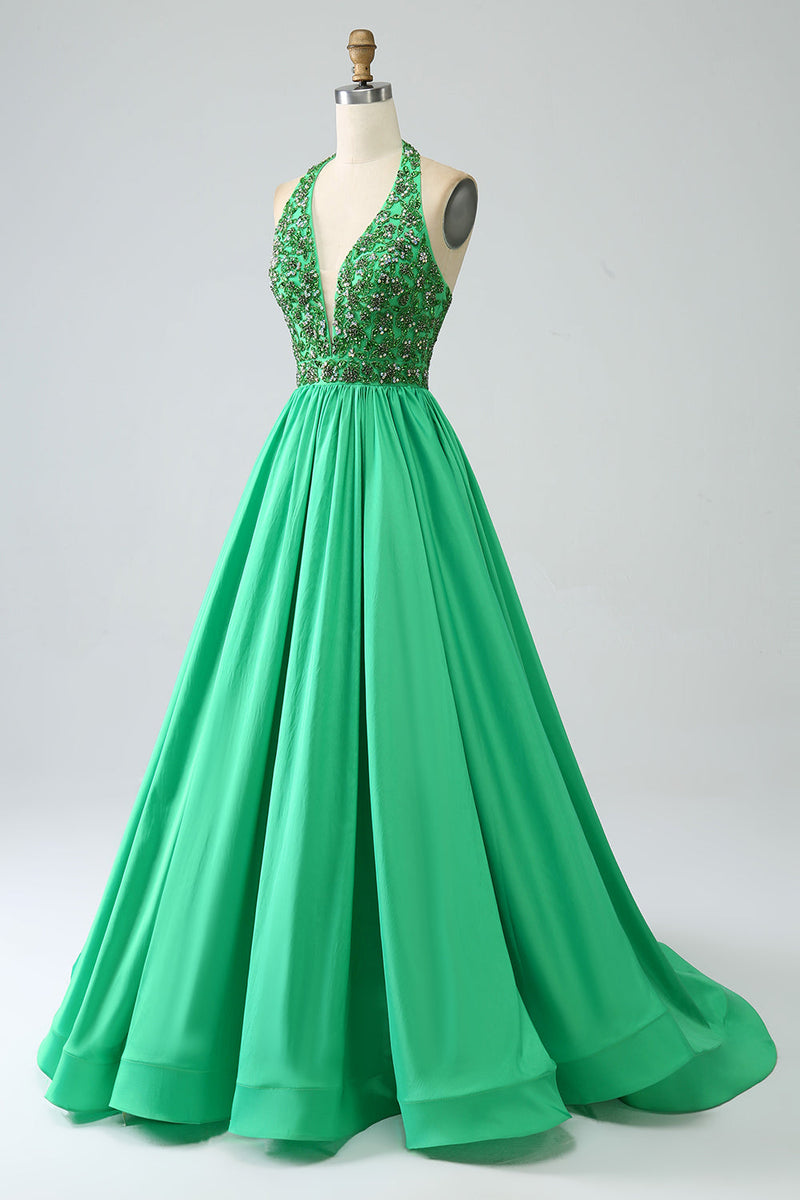 Załaduj obraz do przeglądarki galerii, Satynowa zielona sukienka na studniówkę z wiązaniem na szyi z koralikami