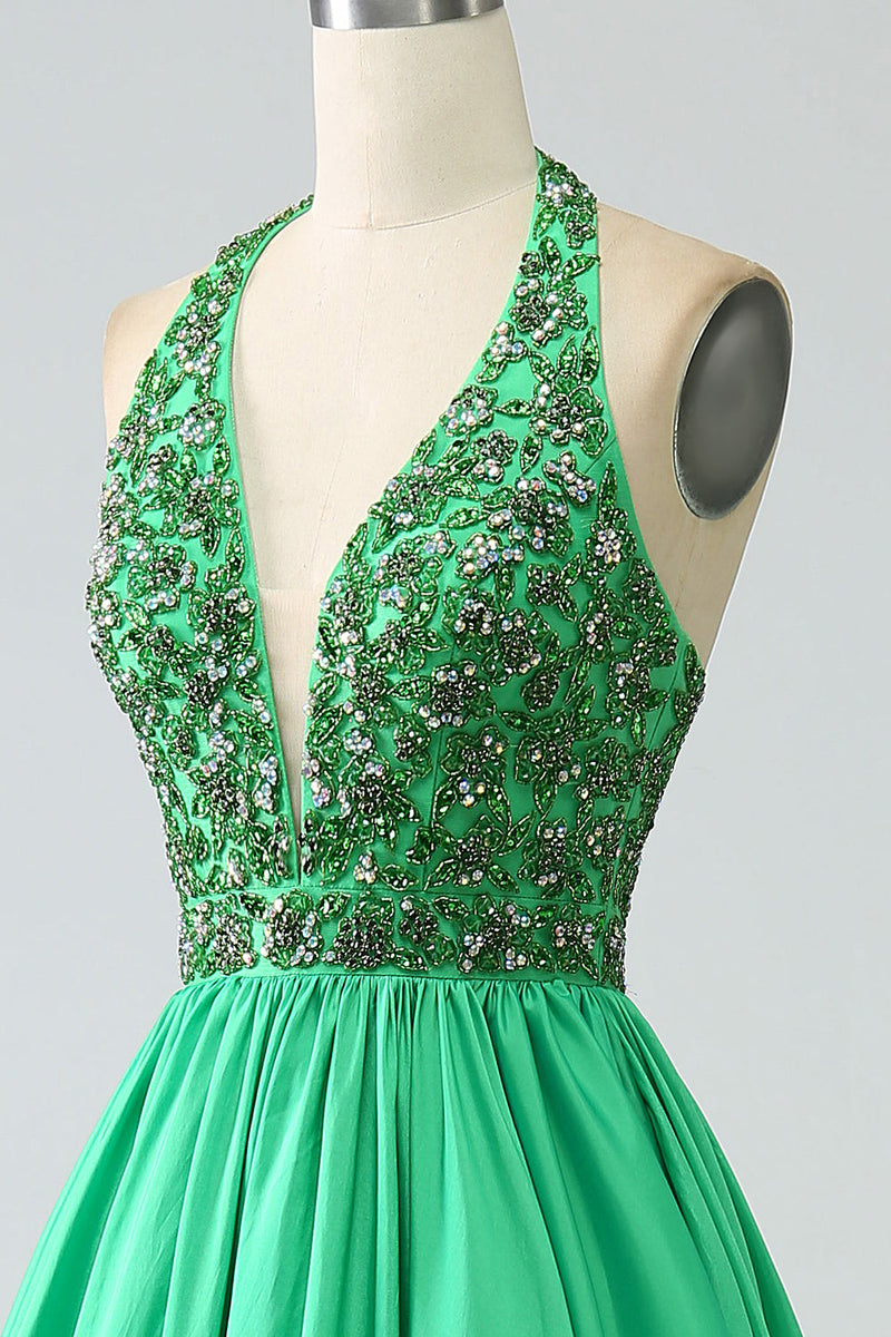 Załaduj obraz do przeglądarki galerii, Satynowa zielona sukienka na studniówkę z wiązaniem na szyi z koralikami