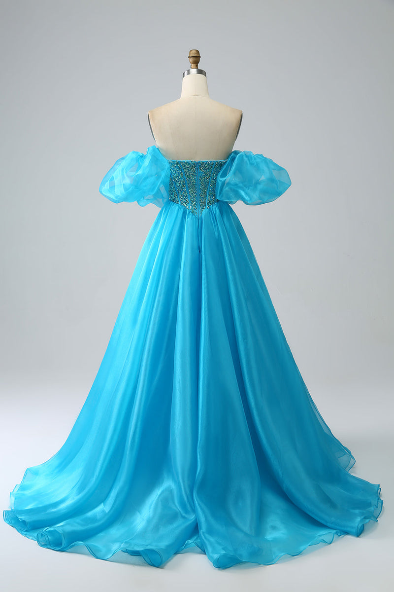 Załaduj obraz do przeglądarki galerii, Niebieska Gorsetowa Sukienka Na Studniówkę Z Koralikami Z Odpinanymi Rękawami