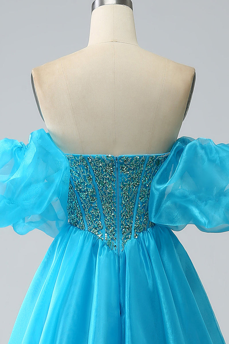 Załaduj obraz do przeglądarki galerii, Niebieska Gorsetowa Sukienka Na Studniówkę Z Koralikami Z Odpinanymi Rękawami
