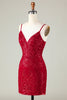 Załaduj obraz do przeglądarki galerii, Błyszczące ciemnoczerwone cekiny Spaghetti Ramiączka Ciasna krótka sukienka Homecoming