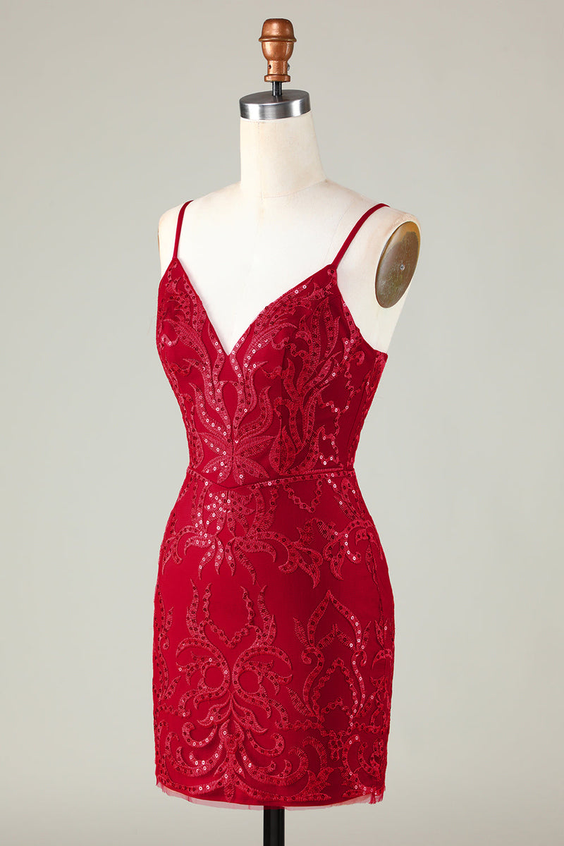Załaduj obraz do przeglądarki galerii, Błyszczące Royal Blue Cequins Spaghetti Straps Krótka sukienka Homecoming