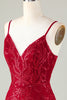 Załaduj obraz do przeglądarki galerii, Błyszczące ciemnoczerwone cekiny Spaghetti Ramiączka Ciasna krótka sukienka Homecoming