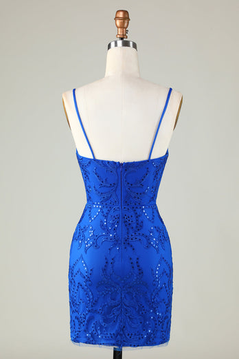 Błyszczące Royal Blue Cequins Spaghetti Straps Krótka sukienka Homecoming
