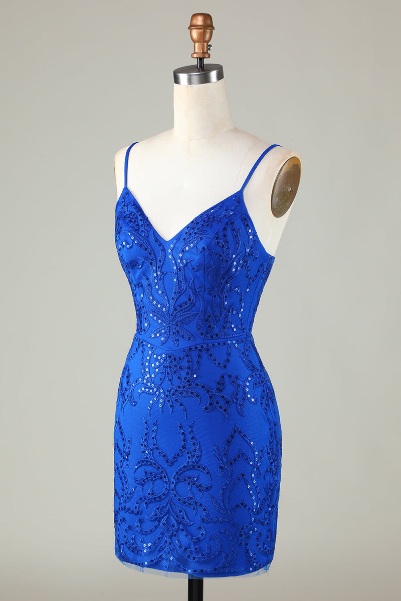 Załaduj obraz do przeglądarki galerii, Błyszczące Royal Blue Cequins Spaghetti Straps Krótka sukienka Homecoming