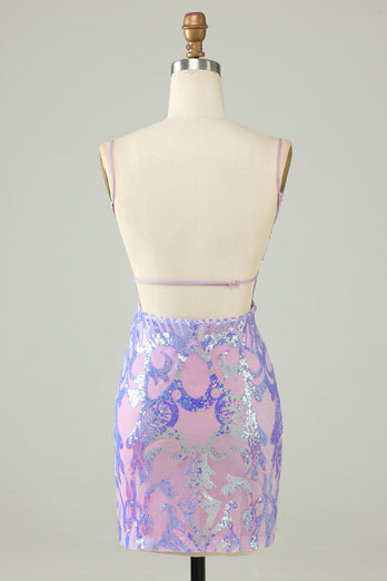 Sparkly Purple Scein Bez pleców Krótka krótka sukienka Homecoming