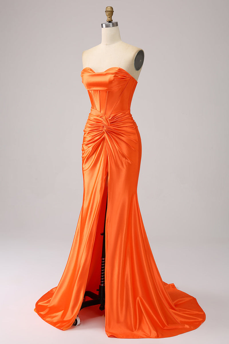 Załaduj obraz do przeglądarki galerii, Pomarańczowa Długa Błyszcząca Sukienka Na Studniówkę Z Rozcięciem
