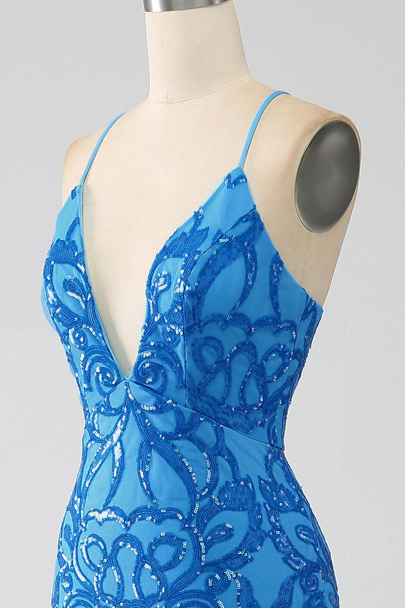 Załaduj obraz do przeglądarki galerii, Niebieska Cienkich Ramiączkach Cekinowa Długa Sukienka Syrenka Na Studniówkę