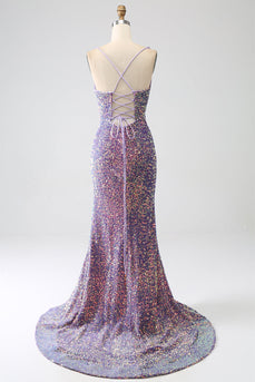 Błyszcząca syrenka jasnofioletowa cekinowa sukienka na studniówkę z rozcięciem