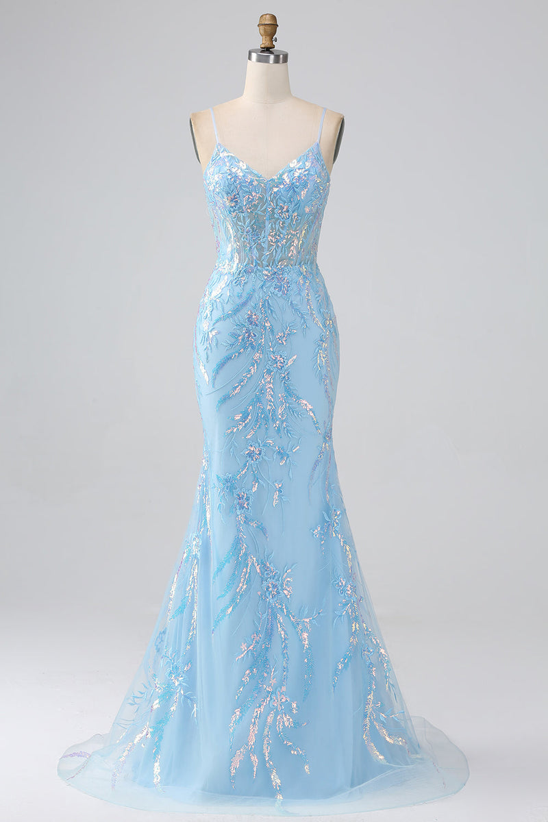 Załaduj obraz do przeglądarki galerii, Błyszcząca Niebieski Sukienki Gorsetowe Na Studniówke Z Cekinami