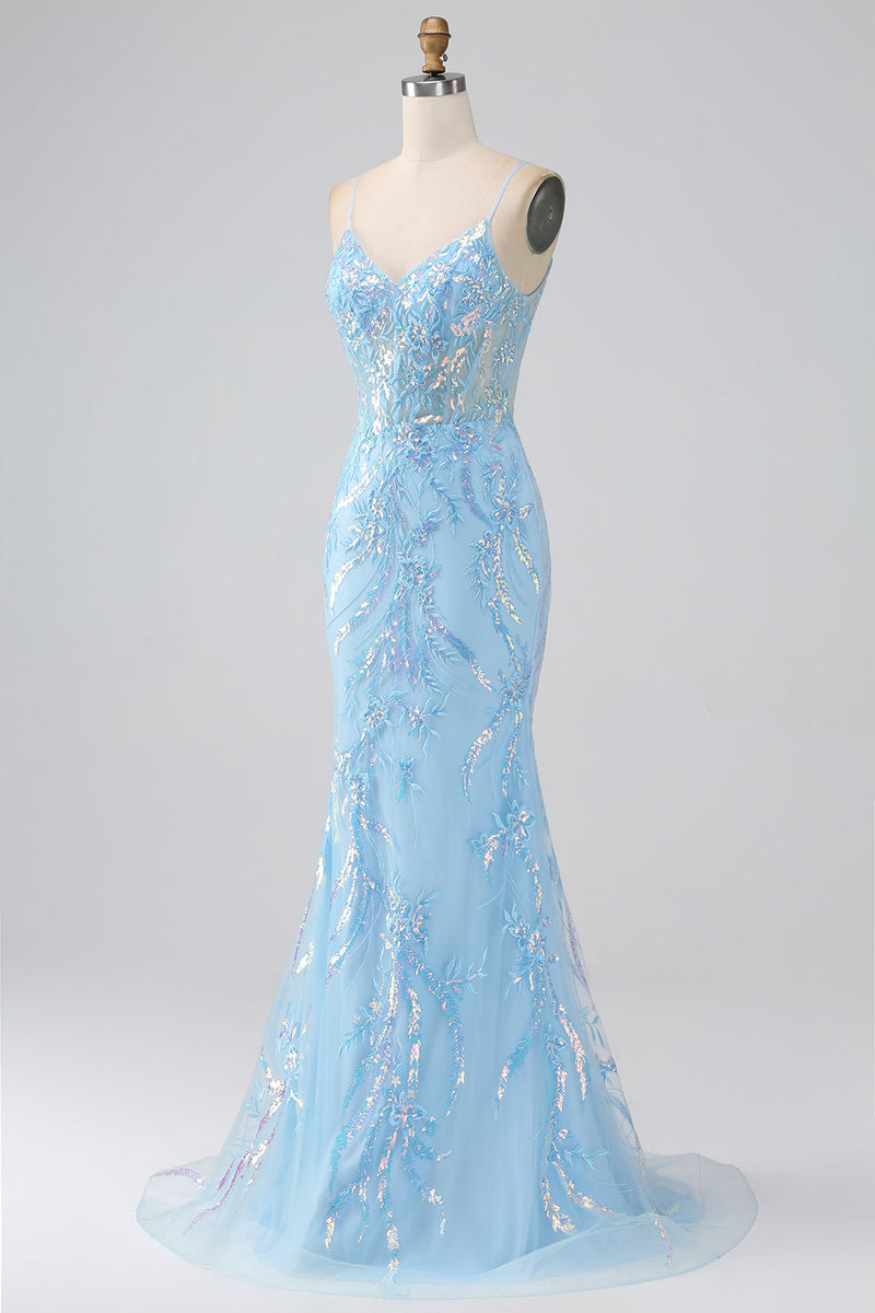 Załaduj obraz do przeglądarki galerii, Błyszcząca Niebieski Sukienki Gorsetowe Na Studniówke Z Cekinami