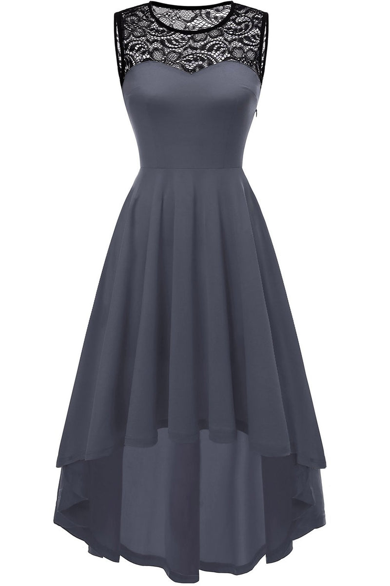 Załaduj obraz do przeglądarki galerii, Wysoka niska szara sukienka vintage z koronką