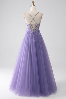 Fioletowa sukienka na ramiączka spaghetti w kształcie litery A Gorsetowa sukienka na studniówkę z kwiatami 3D
