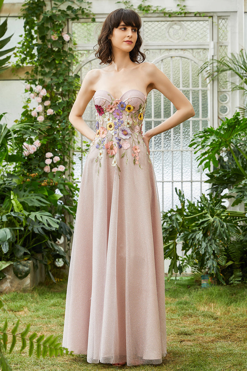 Załaduj obraz do przeglądarki galerii, Elegancki Róż Bez Ramiączek Długa Suknia Dla Gości Ślubnych Z Kwiatami 3D