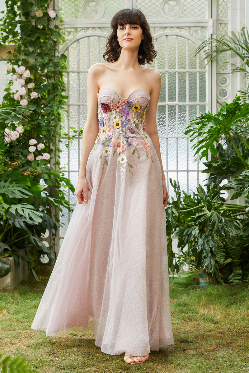 Załaduj obraz do przeglądarki galerii, Elegancki Róż Bez Ramiączek Długa Suknia Dla Gości Ślubnych Z Kwiatami 3D