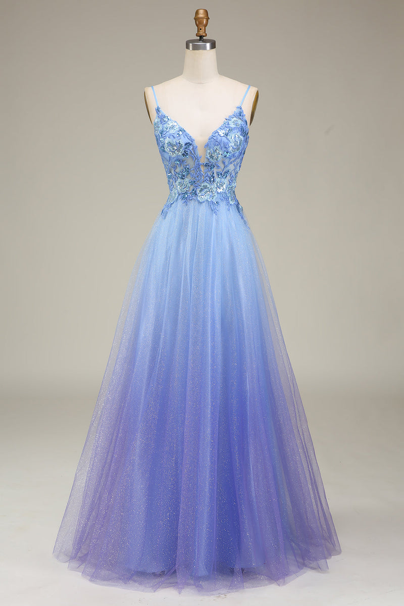 Załaduj obraz do przeglądarki galerii, Błyszcząca Niebieski Tiulowa Sukienki Na Studniówke z Aplikacjami