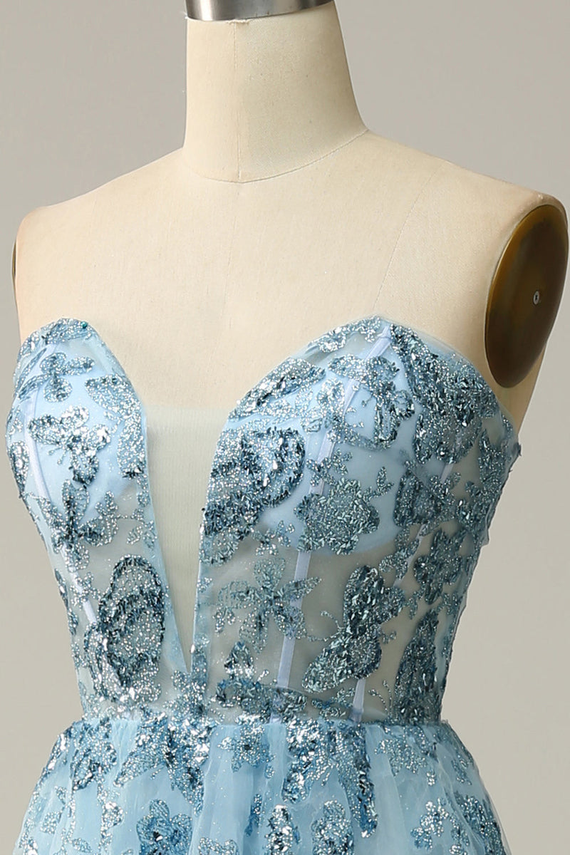 Załaduj obraz do przeglądarki galerii, Linia Błyszcząca Niebieska Midi Sukienki Na Studniówke Z Gorsetem