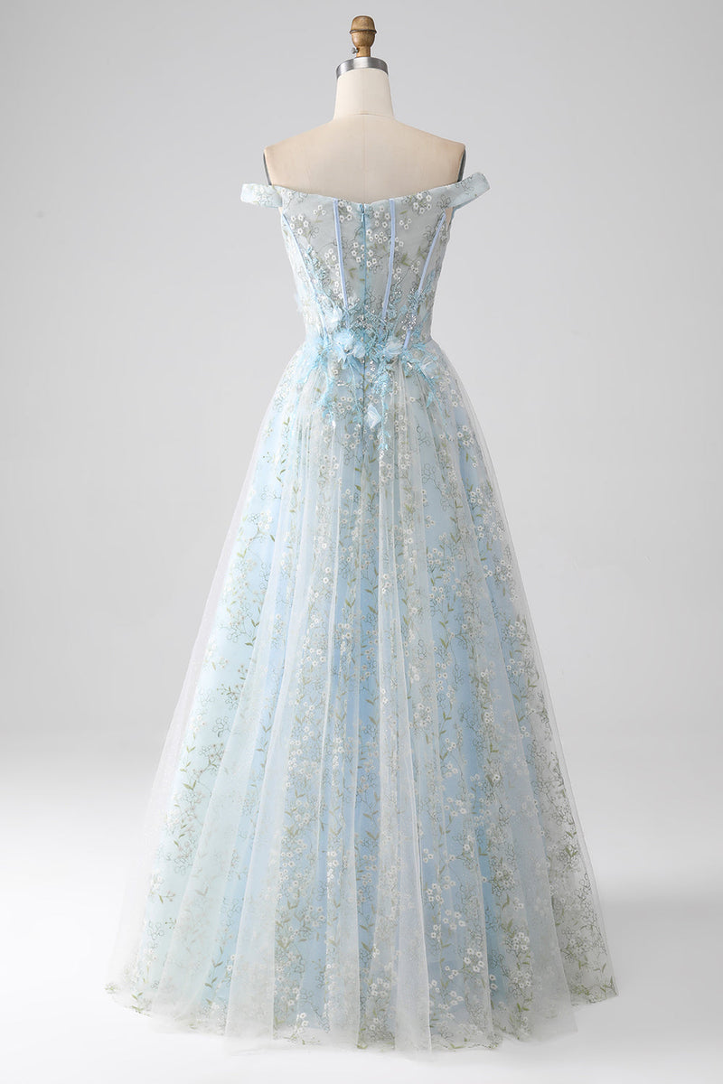 Załaduj obraz do przeglądarki galerii, Jasnoniebieska Długa Gorsetowa Sukienka Na Studniówkę Z Odkrytymi Ramionami