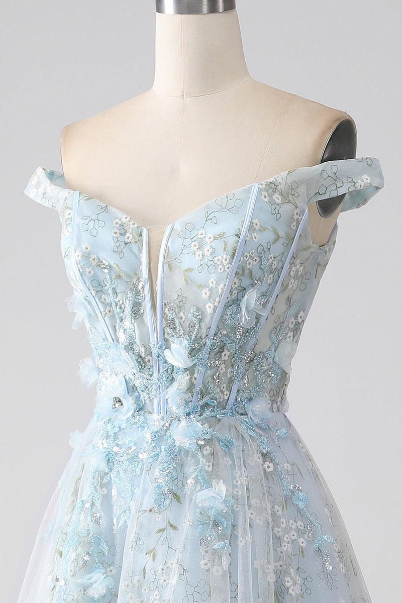 Załaduj obraz do przeglądarki galerii, Jasnoniebieska Długa Gorsetowa Sukienka Na Studniówkę Z Odkrytymi Ramionami