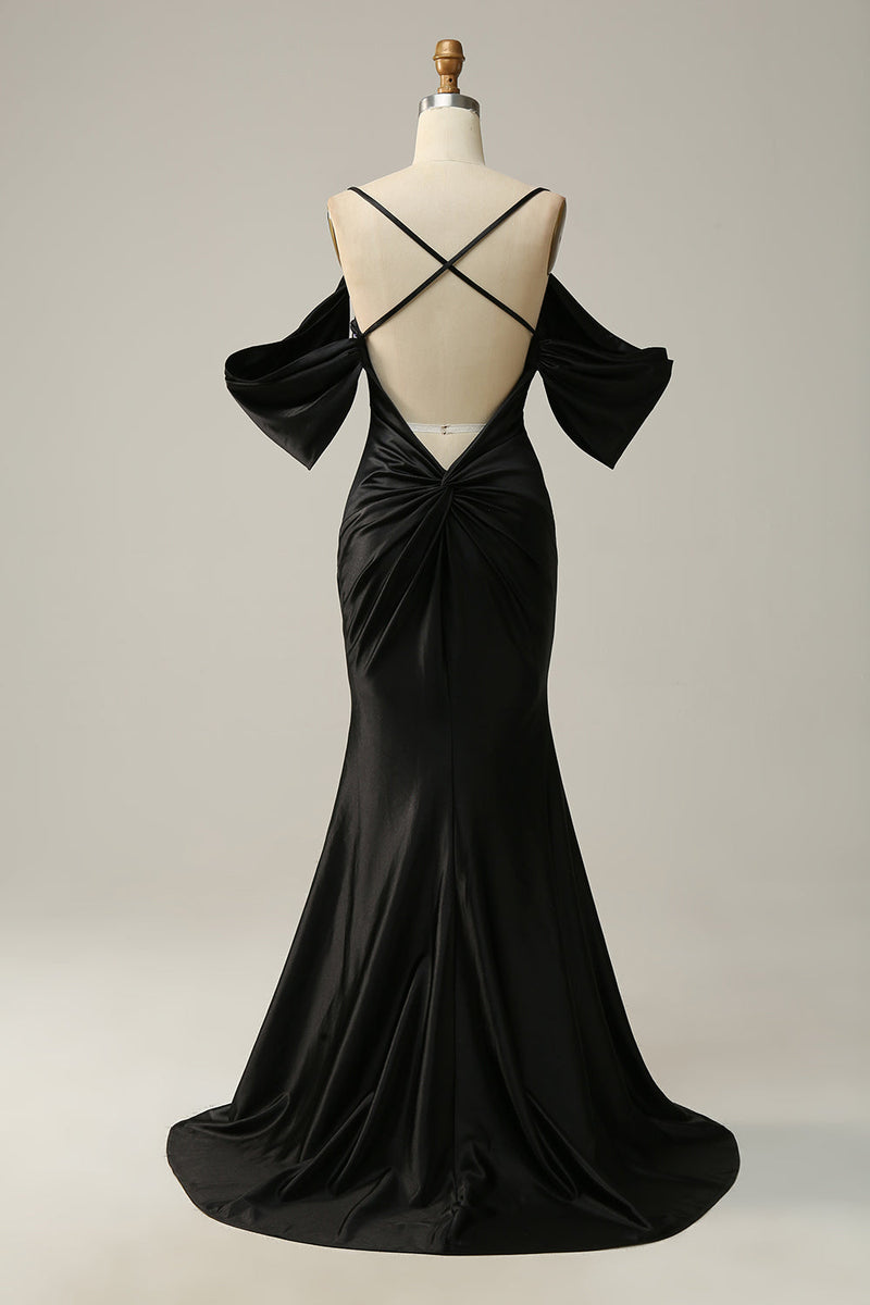 Załaduj obraz do przeglądarki galerii, Syrena Z Ramienia Czarna Otwarta Z Tyłu Długa Sukienka Na Studniówkę