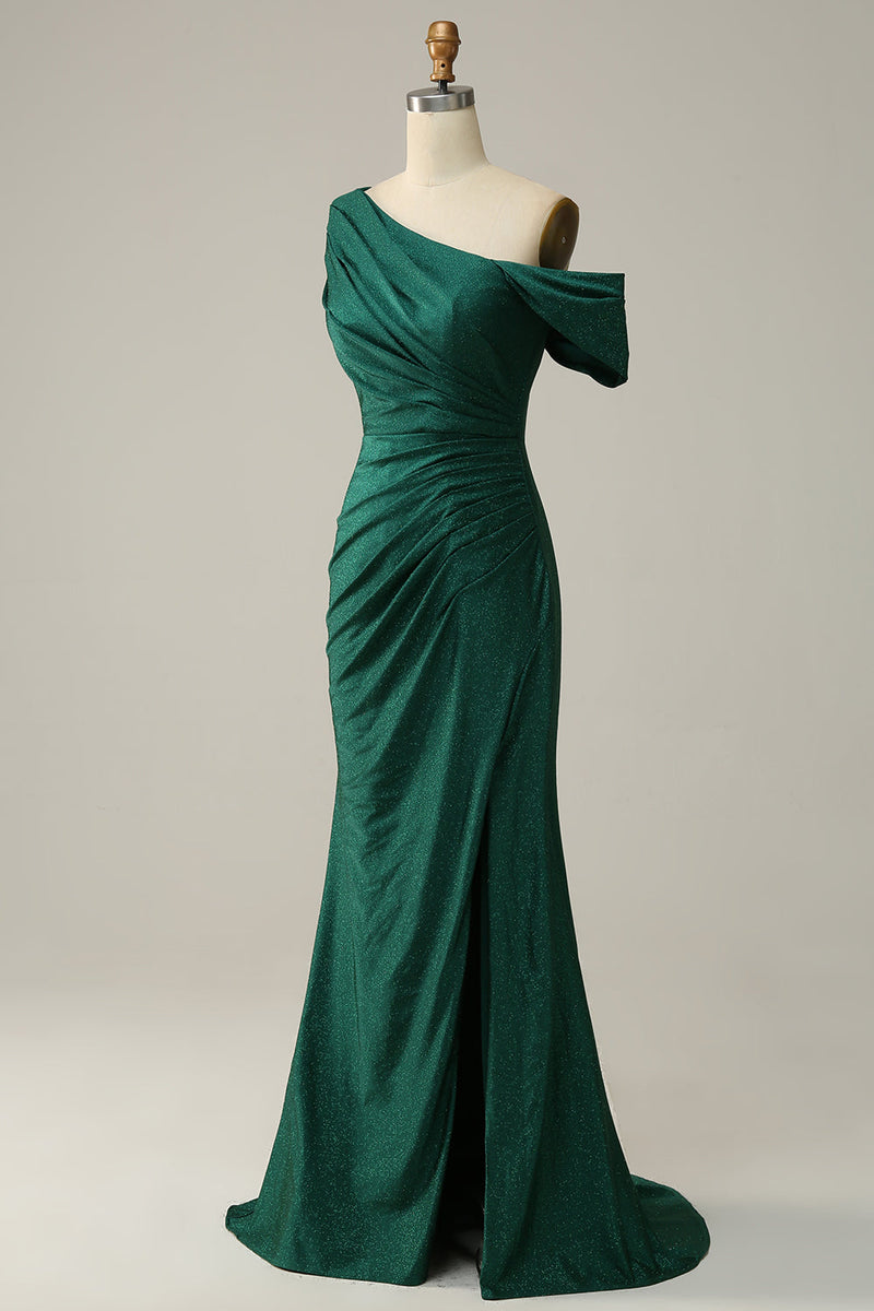 Załaduj obraz do przeglądarki galerii, Syrena Na Jedno Ramię Ciemnozielona Długa Sukienka Na Studniówkę