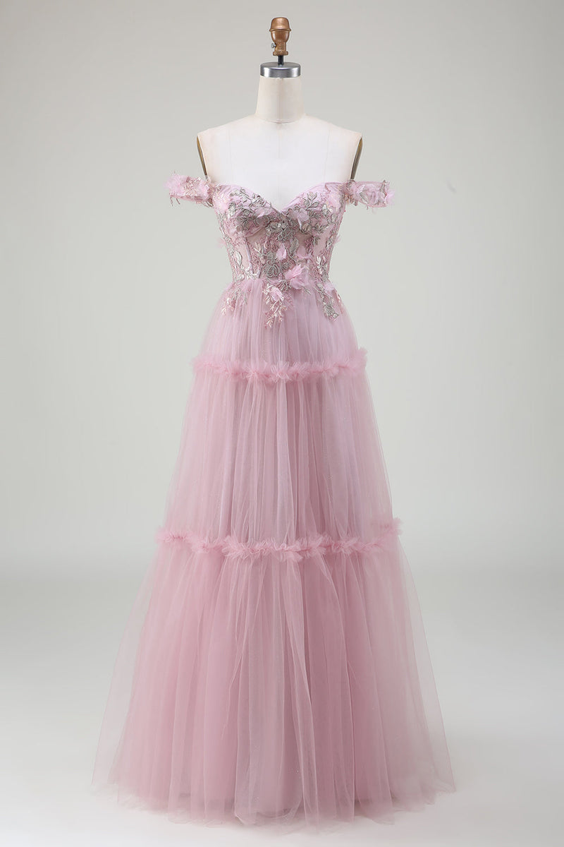 Załaduj obraz do przeglądarki galerii, Tiulowa sukienka z odkrytymi ramionami w kolorze różowym z aplikacjami