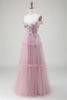 Załaduj obraz do przeglądarki galerii, Tiulowa sukienka z odkrytymi ramionami w kolorze różowym z aplikacjami