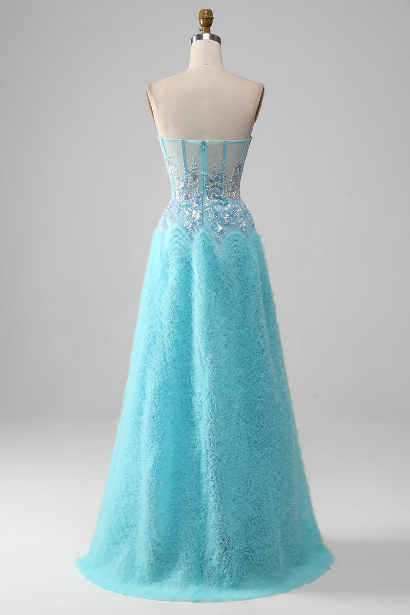 Załaduj obraz do przeglądarki galerii, Błękitna Sukienka Na Studniówkę Z Gorsetem W Kształcie Serca Z Cekinami