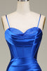 Załaduj obraz do przeglądarki galerii, Królewska Niebieska Cienkich Ramiączkach Syrenka Długa Sukienka Na Studniówkę Z Rozcięciem